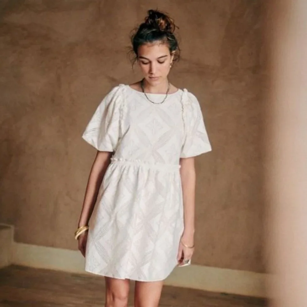 Sézane Livy Dress Parisian Ecru Off White Mix Woven Lace Short Puff Sleeve Mini - Picture 2 of 15